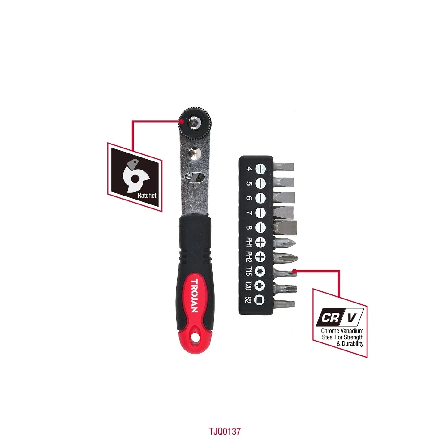 Trojan 11 Piece Ratchet Screwdriver Set, CR-V Bits, Durable, Lifetime Warranty