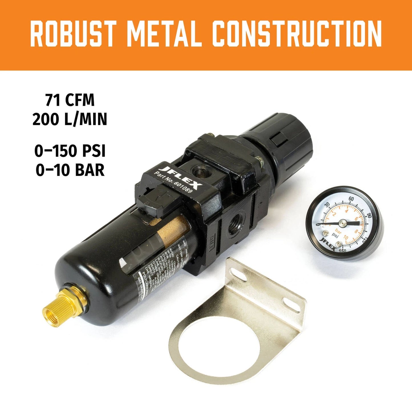 JFLEX 1/4" BSP Female Filter Regulator - Durable, Semi-Automatic Drain, 5-Micron Filtration