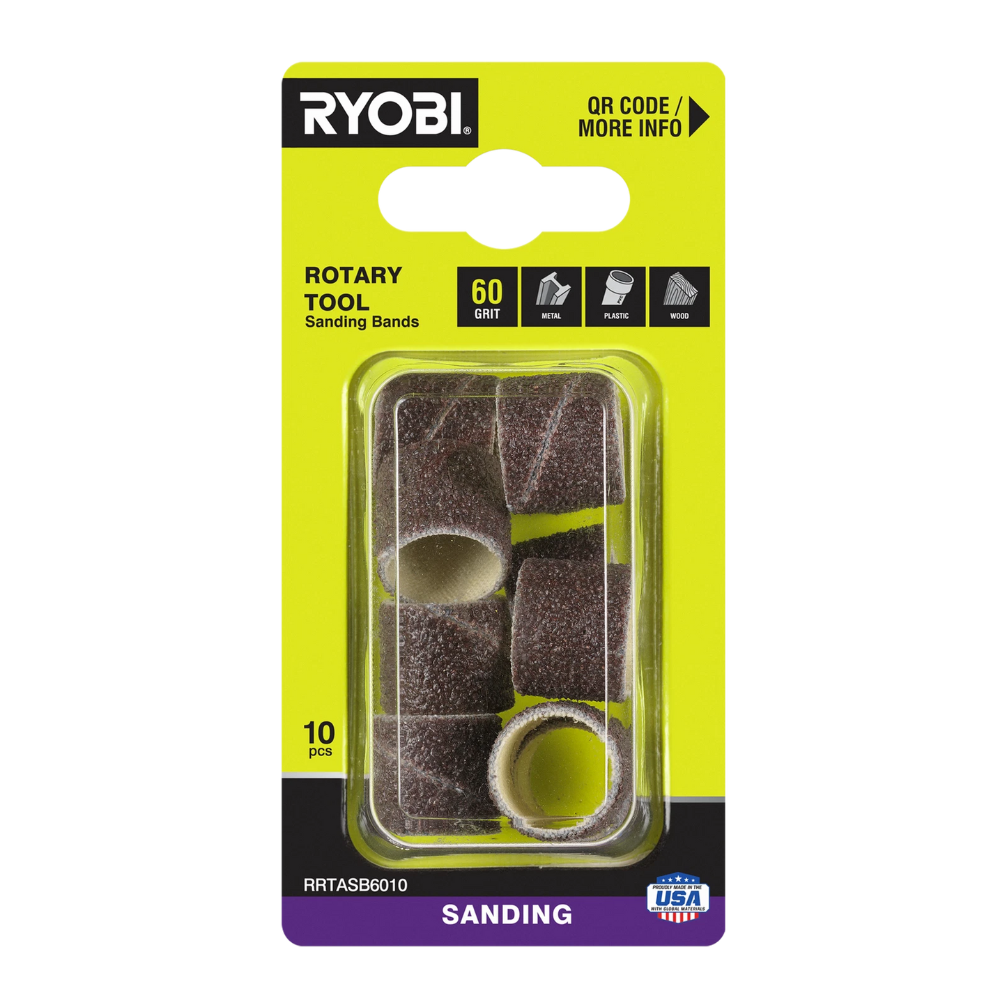 Ryobi 60 Grit Sanding Band 10 Pack - Universal Rotary Tool Accessory for Timber, Metal, Plastic