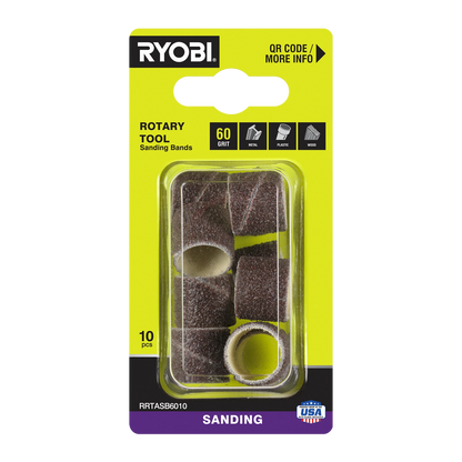 Ryobi 60 Grit Sanding Band 10 Pack - Universal Rotary Tool Accessory for Timber, Metal, Plastic