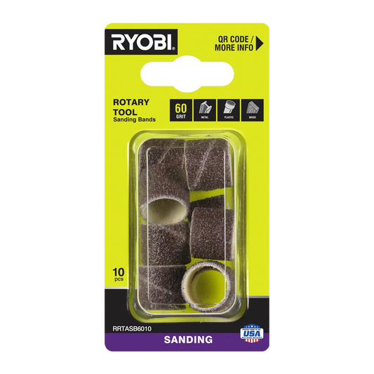 Ryobi 60 Grit Sanding Band 10 Pack - Universal Rotary Tool Accessory for Timber, Metal, Plastic