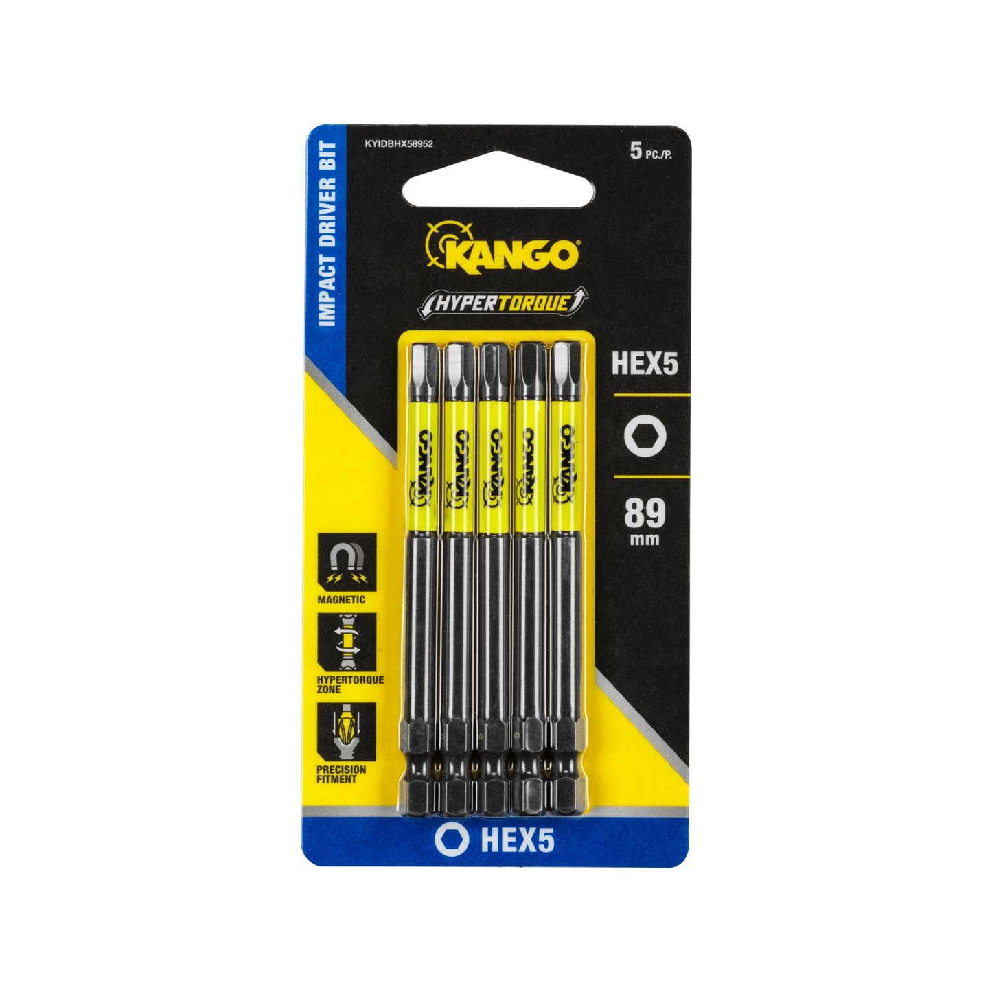 Kango Hypertorque 89mm HEX5 Impact Driver Bit Set - 5 Pack, Magnetised Tips, Torsion Zone