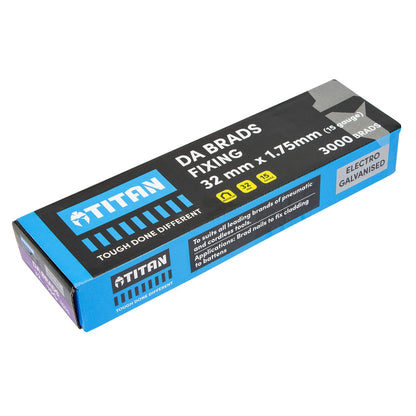 Titan 32x 1.75mm Electro Galvanised 34° Angled Collated Nail DA Brads - 3000 Pack