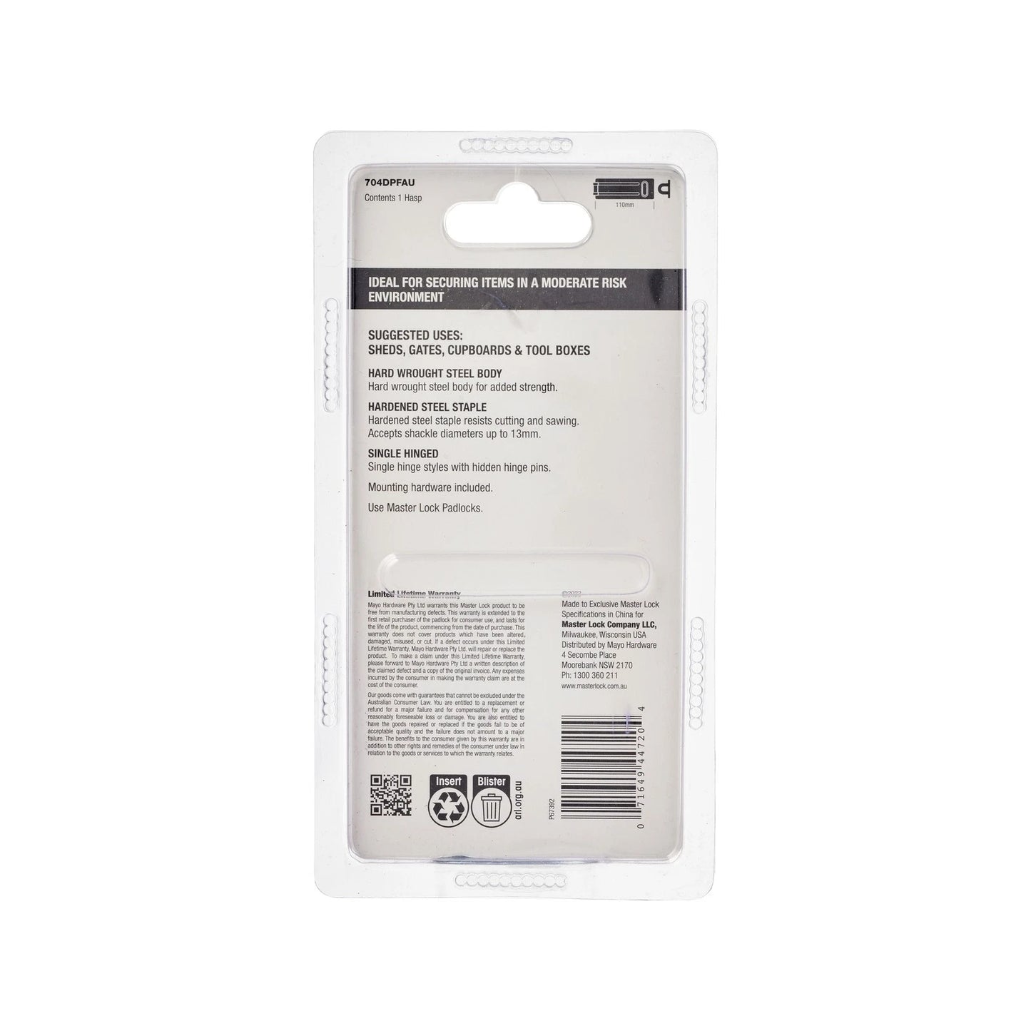 Master Lock 112mm Steel Hasp & Staple, Weather-Resistant, Cut-Resistant, Zinc Plated