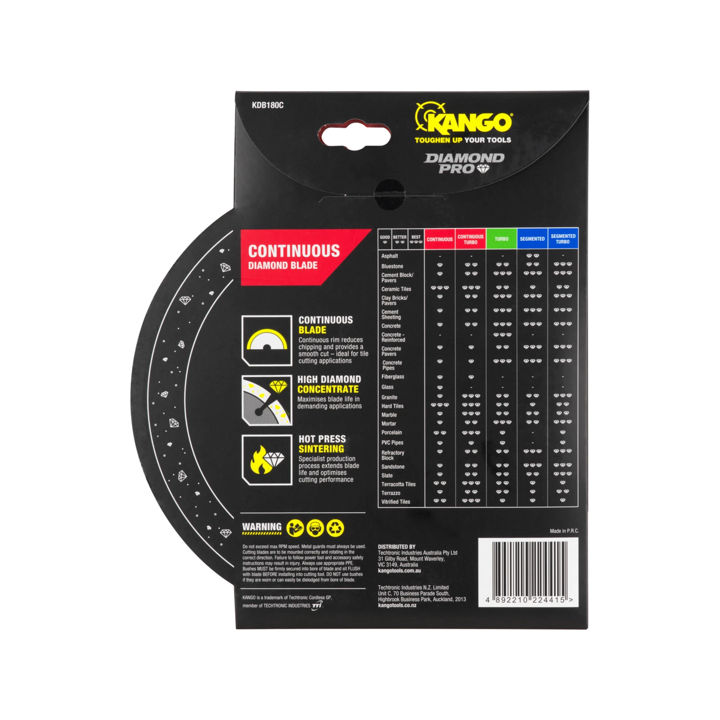 Kango 180mm Continuous Diamond Blade for Ceramic, Porcelain & Terracotta Tiles, Wet/Dry Cutting