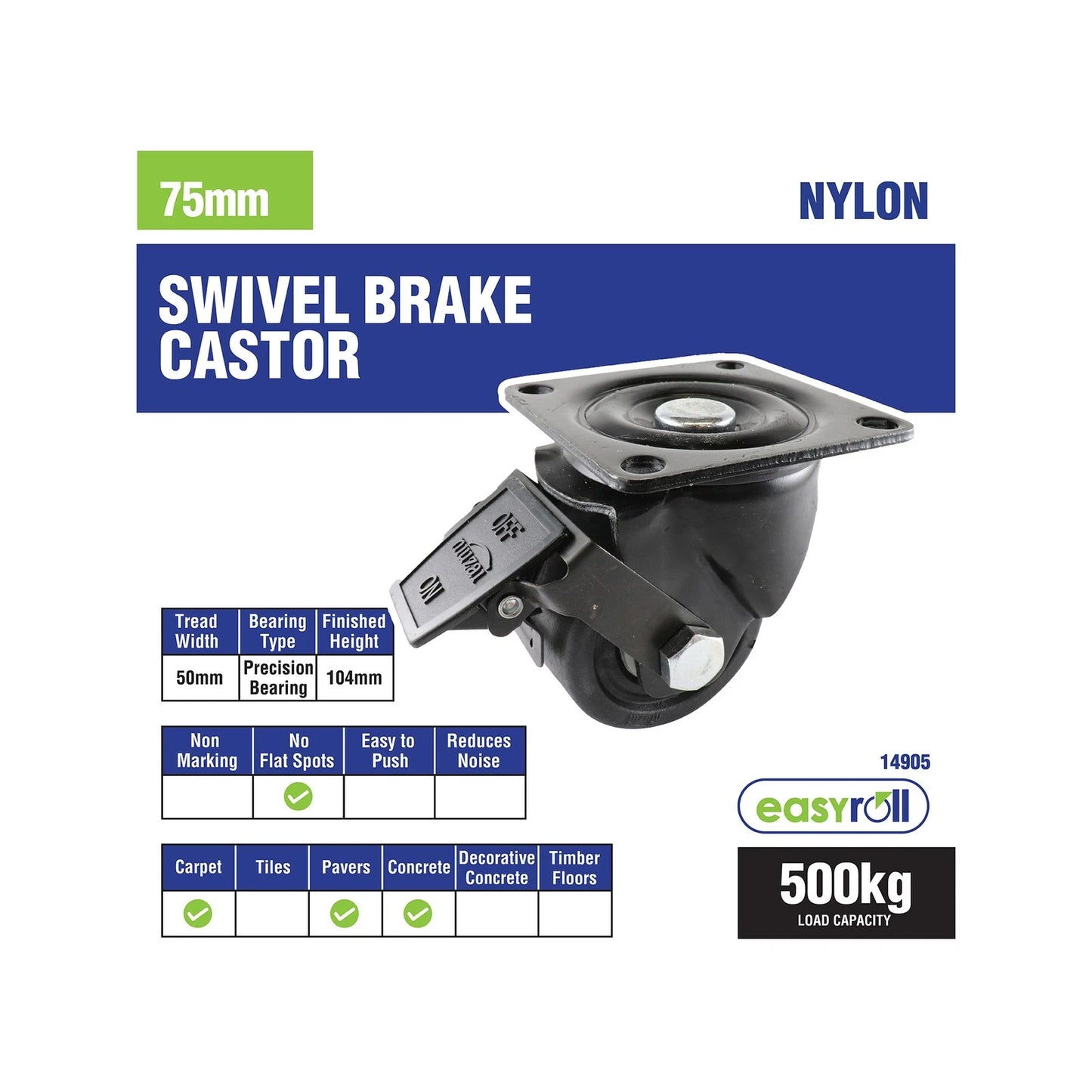 Easyroll 75mm 500kg Black Swivel Brake Nylon Machine Castor for Indoor Use