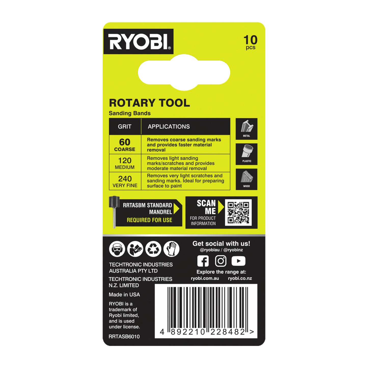 Ryobi 60 Grit Sanding Band 10 Pack - Universal Rotary Tool Accessory for Timber, Metal, Plastic