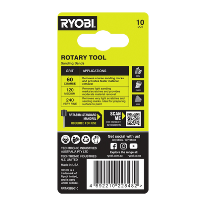 Ryobi 60 Grit Sanding Band 10 Pack - Universal Rotary Tool Accessory for Timber, Metal, Plastic