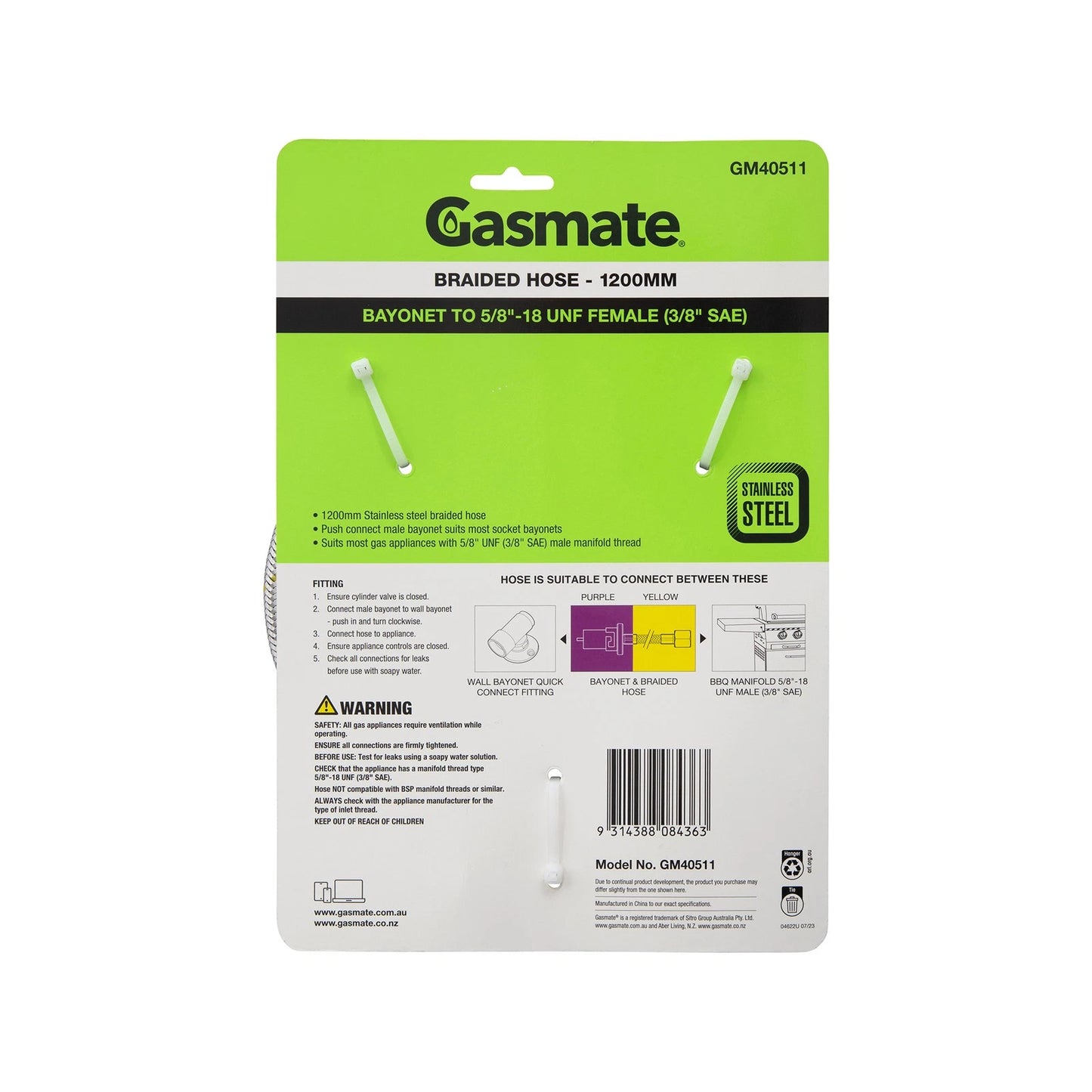 Gasmate 1200mm Stainless Steel Bayonet to 5/8" UNF Gas Hose for BBQ & Camping