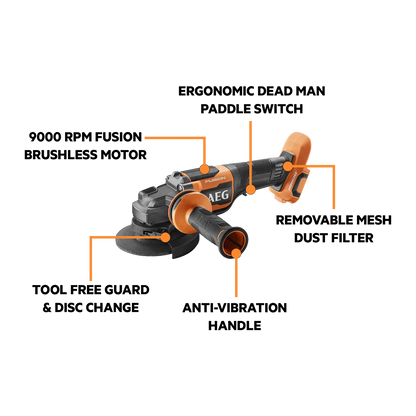 AEG 18V Fusion Angle Grinder 125mm Brushless Motor, Tool-Free Guard, Safety Features