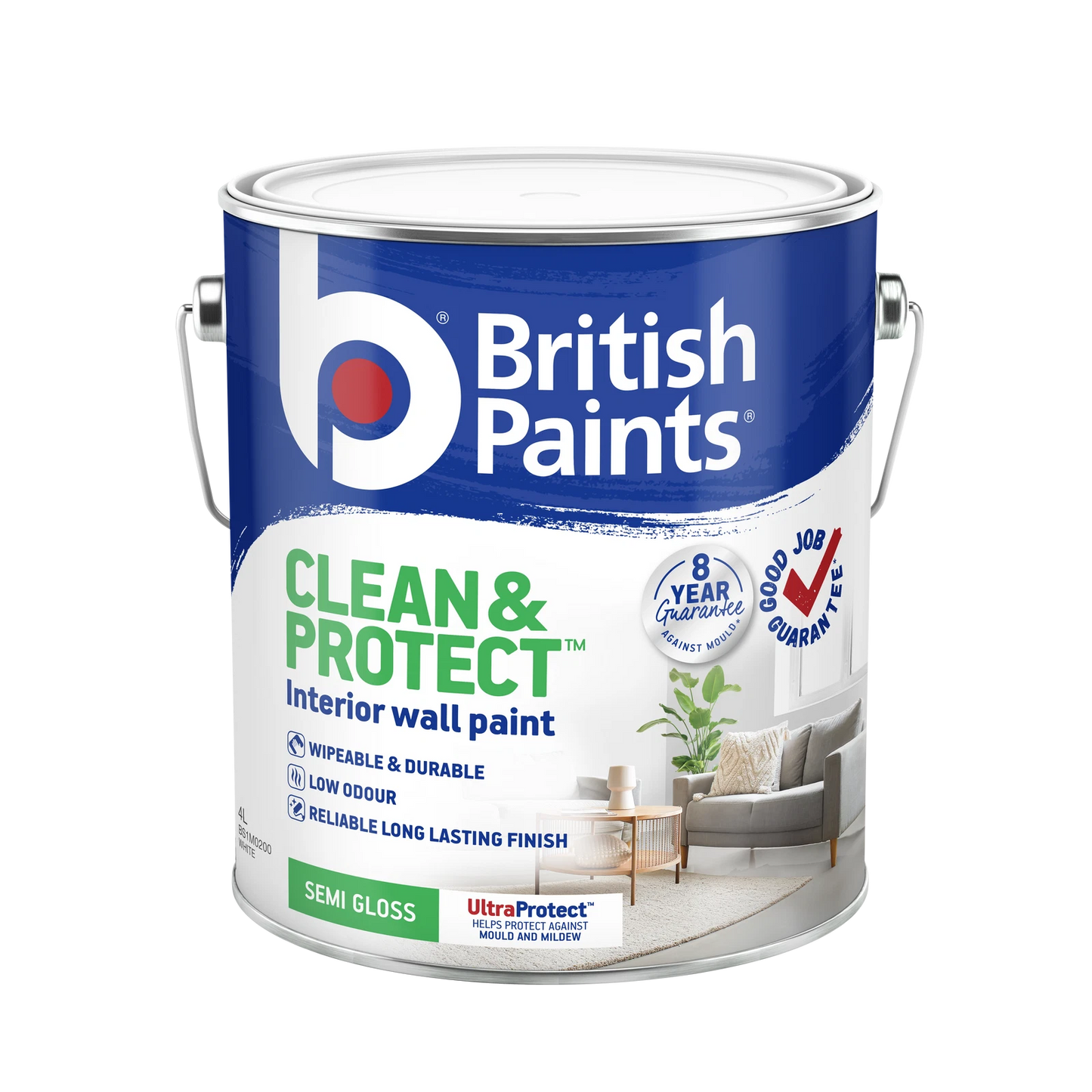 British Paints 4L White Semi Gloss Interior Paint, Clean & Protect, 8-Year Mould Guarantee