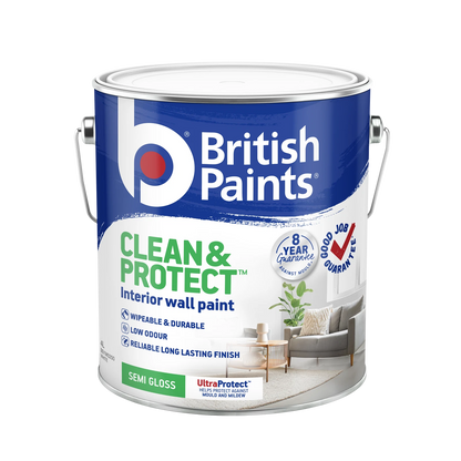 British Paints 4L White Semi Gloss Interior Paint, Clean & Protect, 8-Year Mould Guarantee
