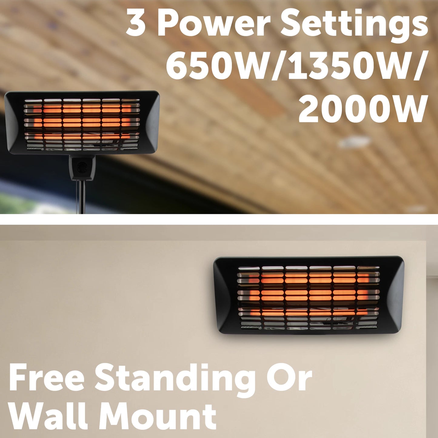 Jumbuck 2000W Black Matte Radiant Patio Heater, 3 Power Settings, IP24 Water Protection