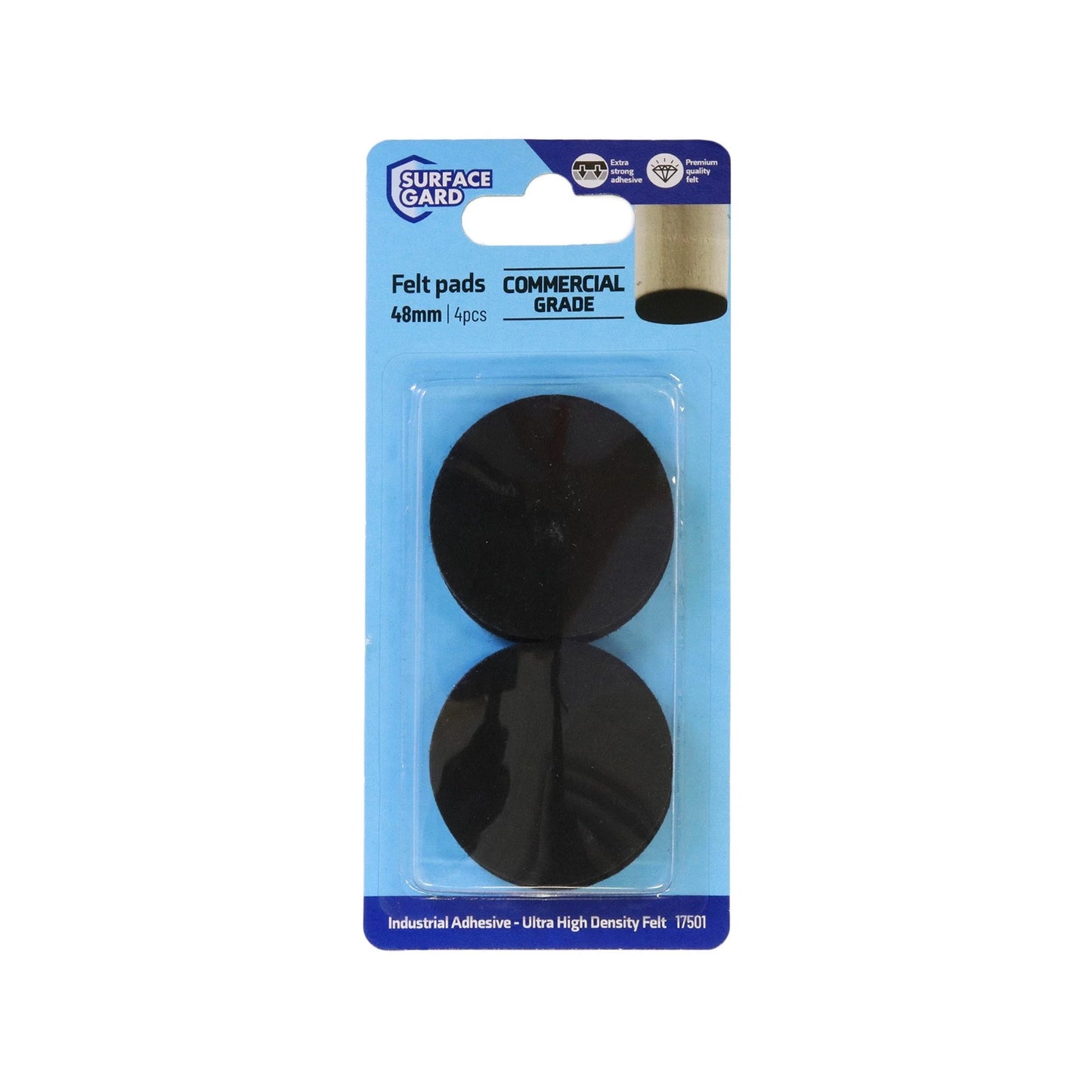 Surface Gard Black Round Felt Pads 48mm - 4 Pack, Noise Reduction, Surface Protection