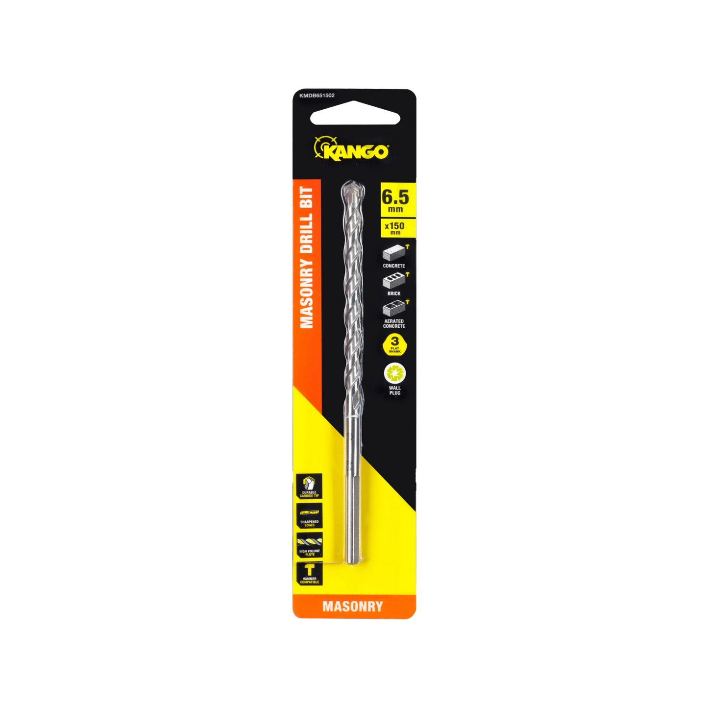 Kango 6.5mm x 150mm Masonry Drill Bit - Durable Carbide Tip, 3-Flat Shank, High-Volume Flute