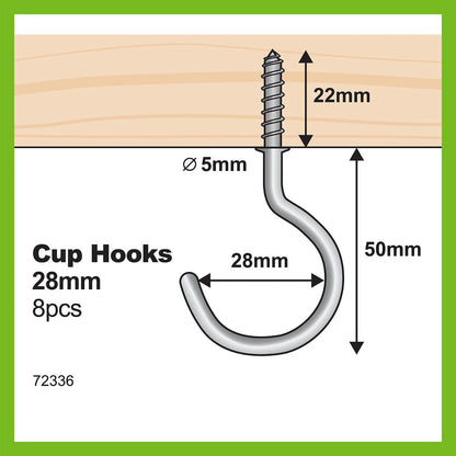 Everhang 28mm Zinc Plated Cup Hooks 8 Pack - Secure, Easy Install, 5kg Load Capacity