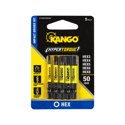 Kango Hypertorque 50mm HEX3-8 Impact Driver Bit Set, Magnetised Tips, 5 Pack