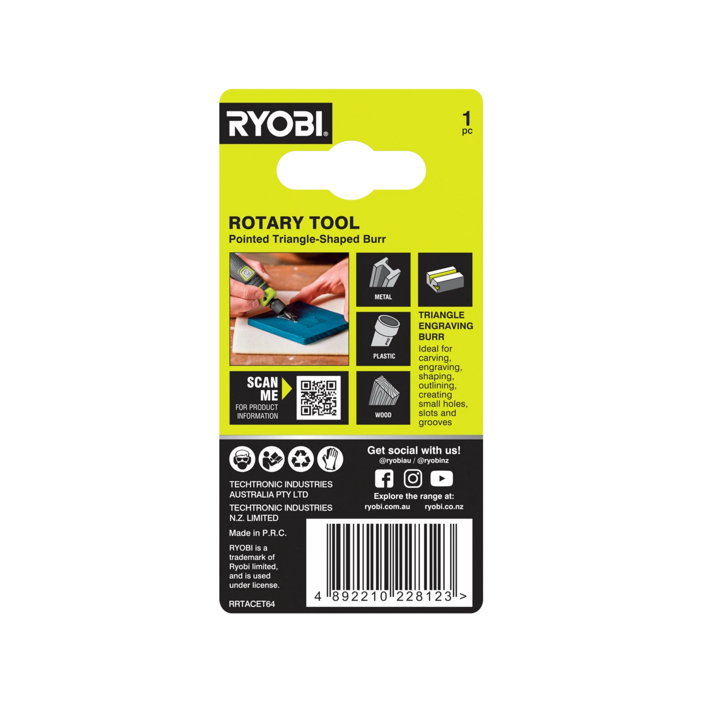 Ryobi 6.4mm Triangle Engraving Burr for Timber, Plastic, Metal - High-Speed Steel, 35,000 RPM