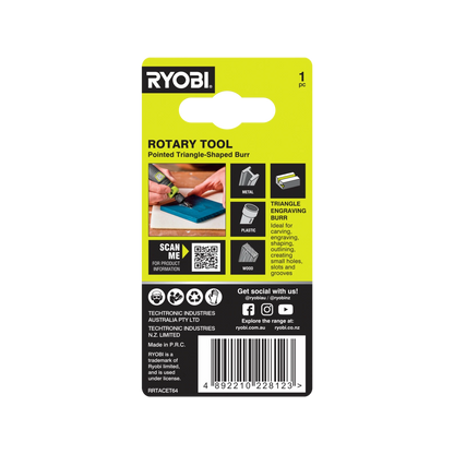 Ryobi 6.4mm Triangle Engraving Burr for Timber, Plastic, Metal - High-Speed Steel, 35,000 RPM