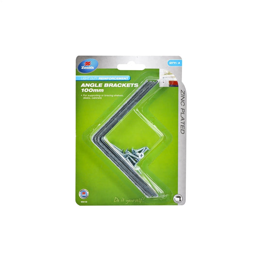 Zenith Zinc Plated Angle Brackets 100mm - 4 Pack, Corrosion Resistant, Easy Installation
