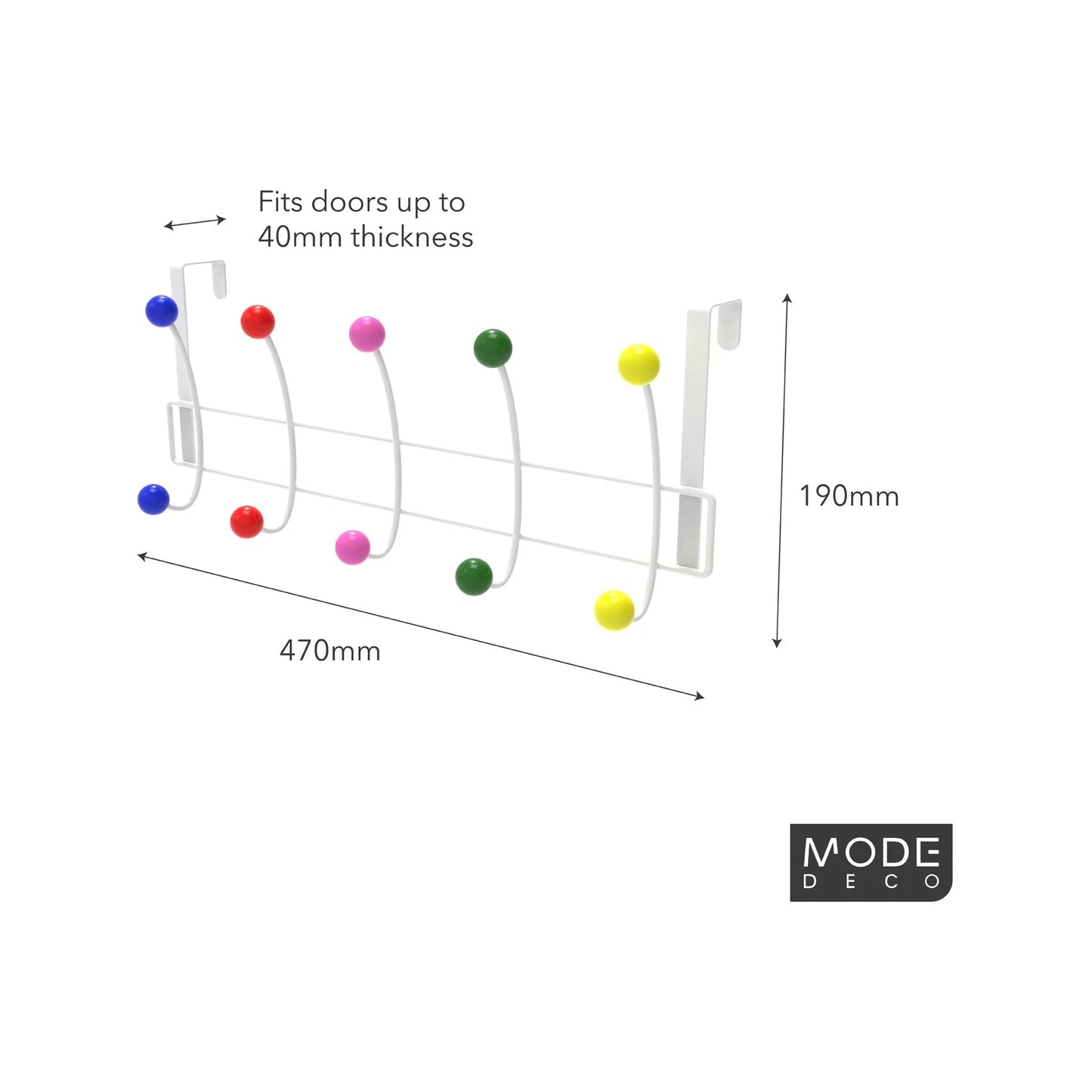 MODE 5 Multicoloured Over Door Hanger with 5 Ball Hooks, No-Fix Design, Fits Standard Doors