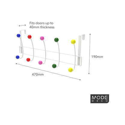 MODE 5 Multicoloured Over Door Hanger with 5 Ball Hooks, No-Fix Design, Fits Standard Doors