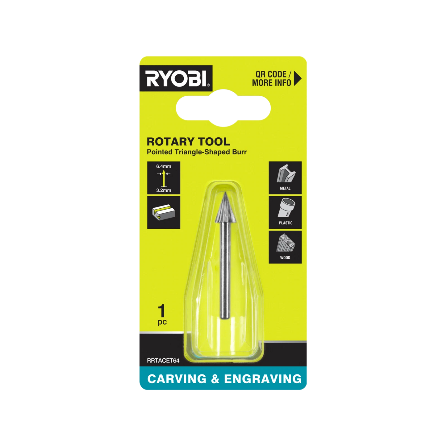 Ryobi 6.4mm Triangle Engraving Burr for Timber, Plastic, Metal - High-Speed Steel, 35,000 RPM