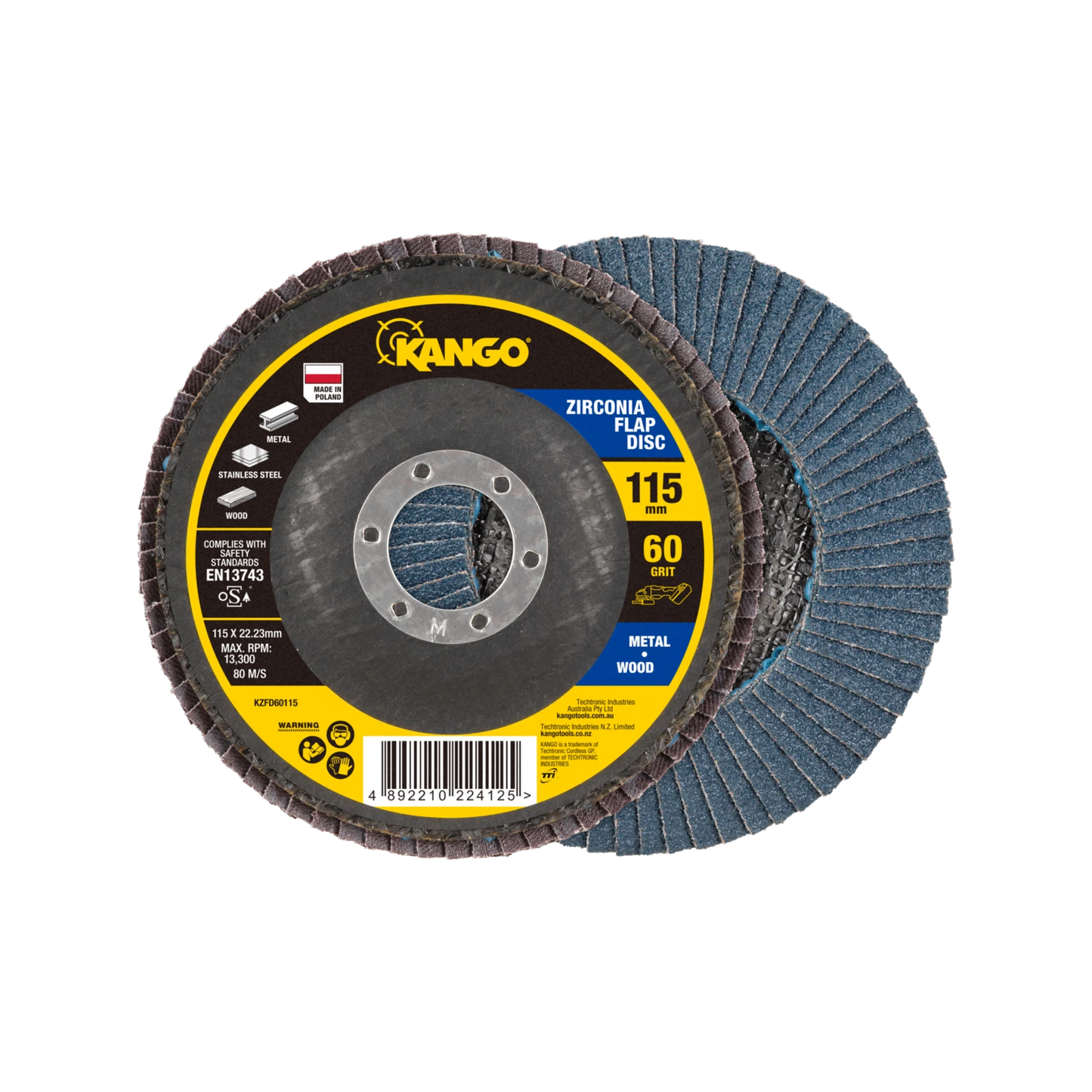 Kango 115mm 60G Zirconia Flap Disc, Self-Sharpening, High Removal Efficiency