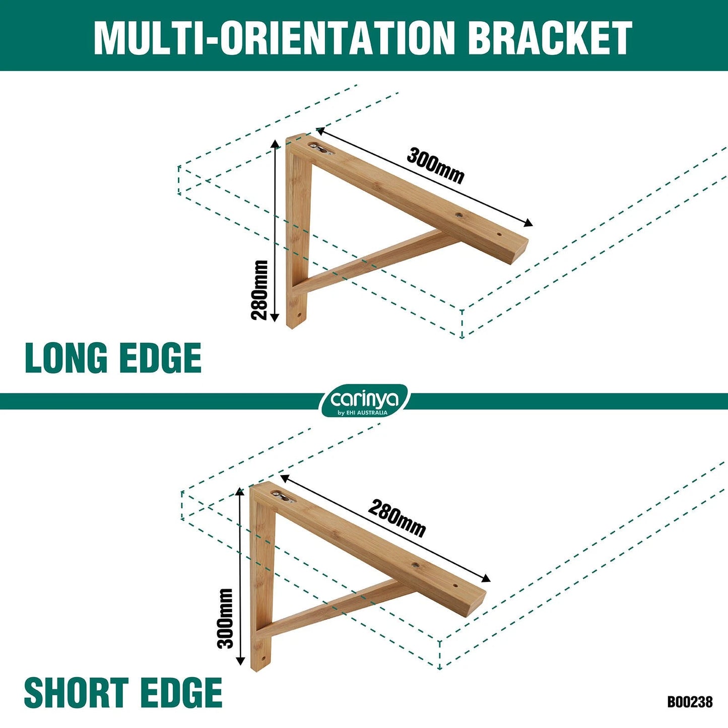 Carinya Bamboo Stayed Bracket 300x280mm, Varnished, 30kg Load Capacity, Wall Mount
