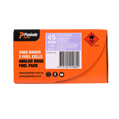 Paslode 45mm 20° Angled Brad Nails with Fuel, Zinc-Plated, 2000 Pack