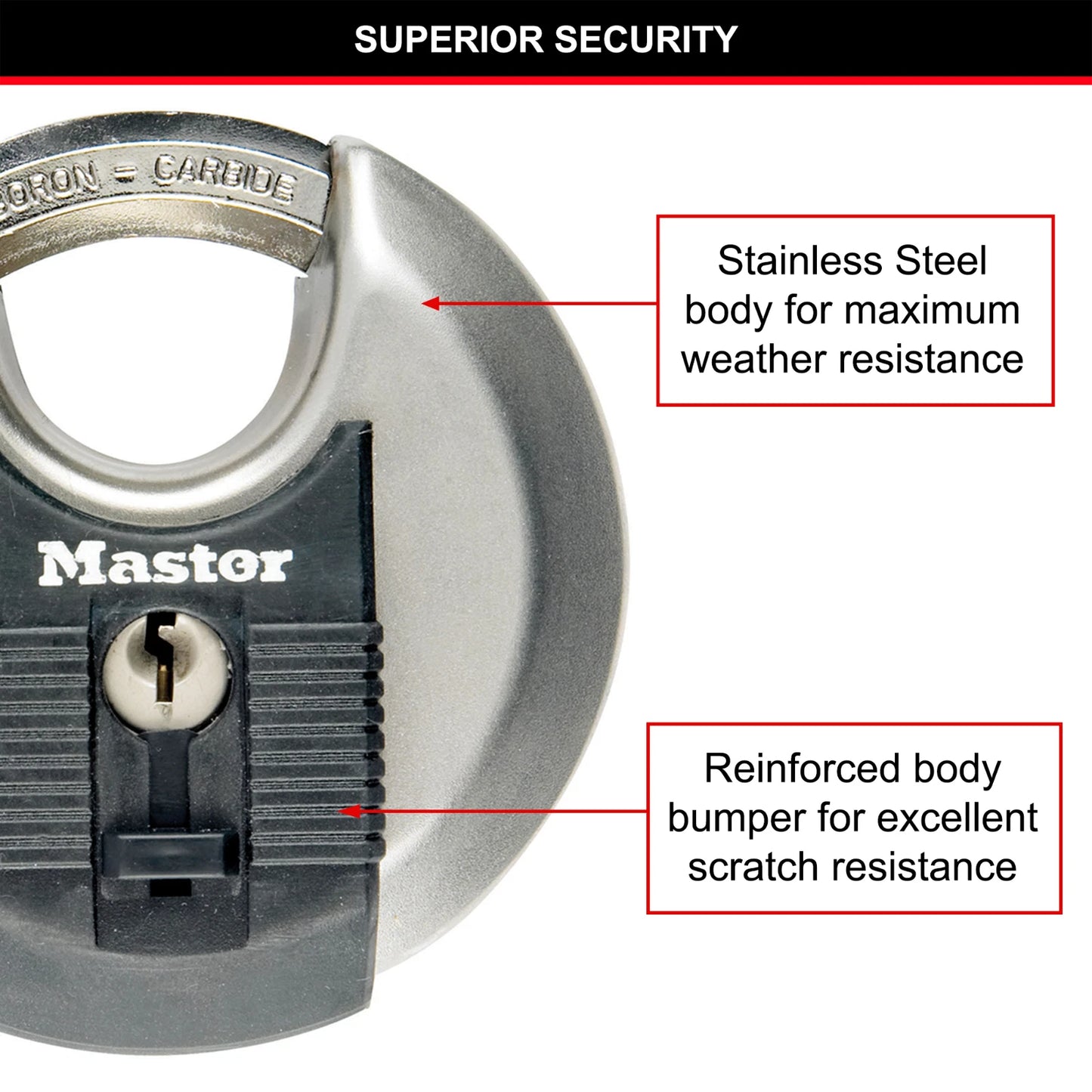 Master Lock 70mm Excell Disc Padlock, Stainless Steel, Boron-Carbide Shackle, Weather-Resistant