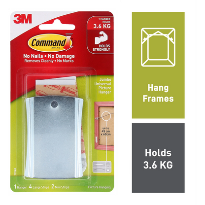 Command Jumbo Metal Adhesive Picture Hanger, 3.6kg Capacity, Damage-Free, Versatile Surfaces