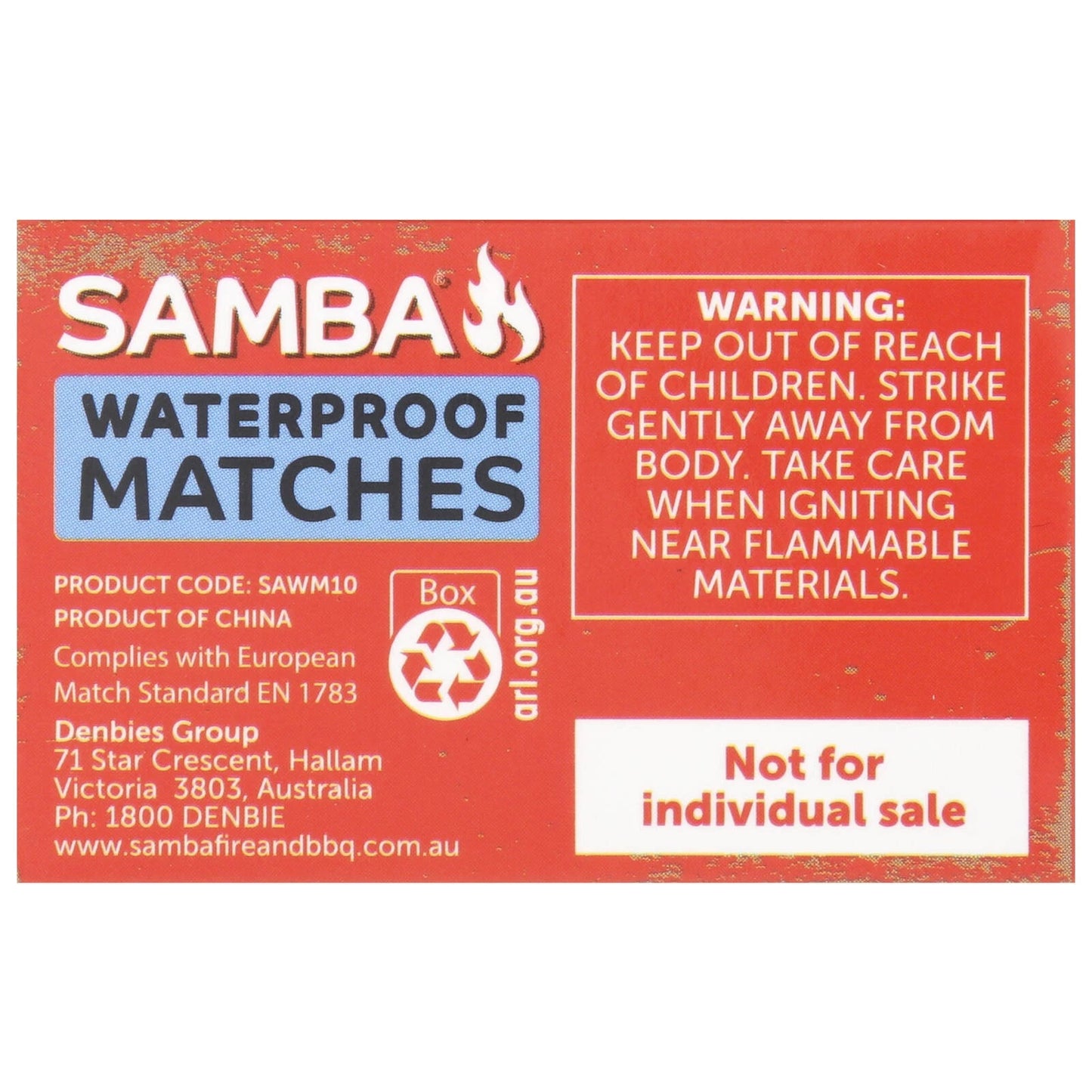 Samba Waterproof Matches - 10 Pack, 50mm Long, Reliable in Wet Conditions