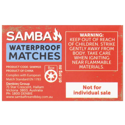 Samba Waterproof Matches - 10 Pack, 50mm Long, Reliable in Wet Conditions
