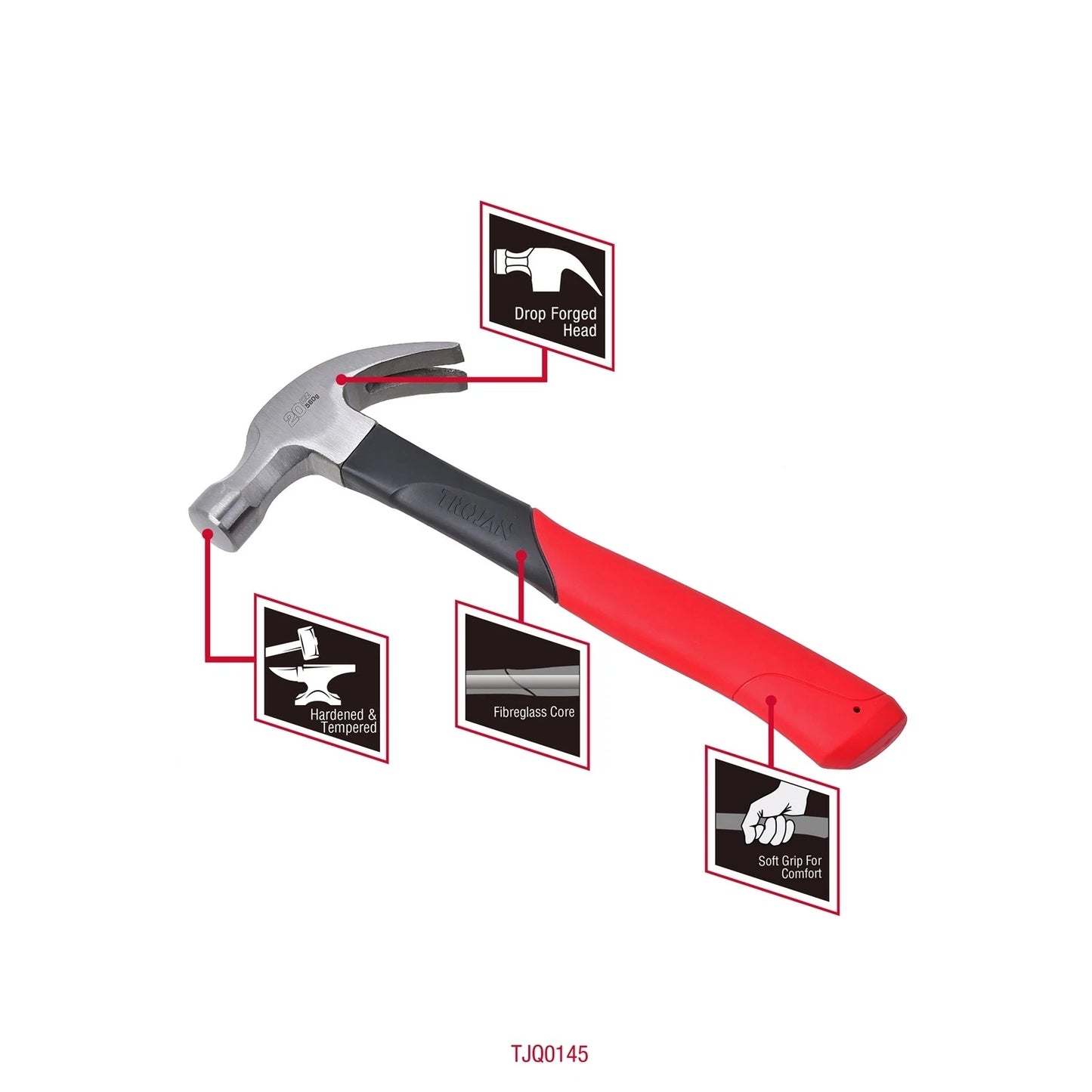 Trojan 20oz Fibreglass Claw Hammer - Induction Hardened, Lifetime Warranty, Red/Black