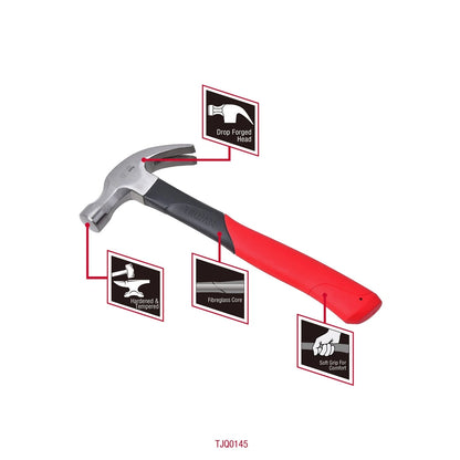 Trojan 20oz Fibreglass Claw Hammer - Induction Hardened, Lifetime Warranty, Red/Black