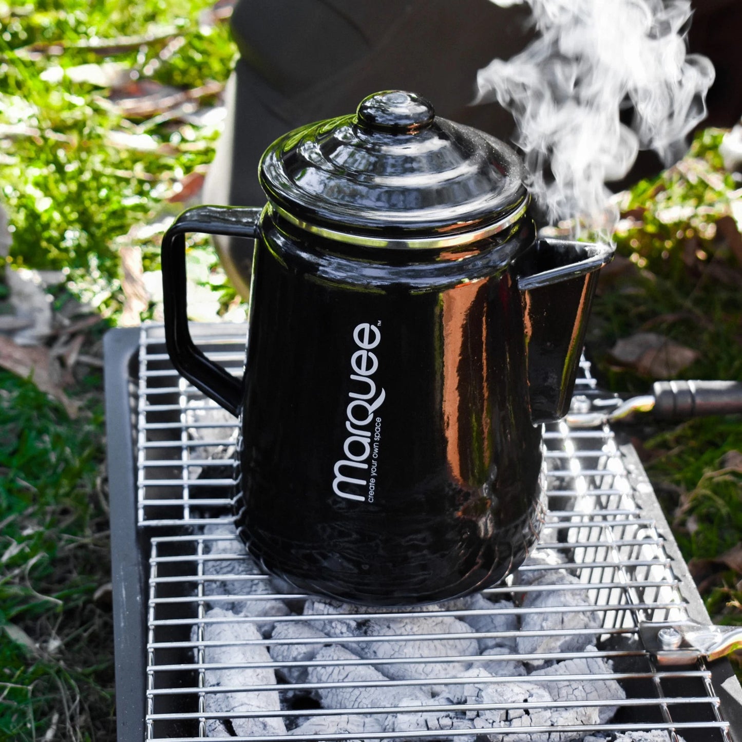 Marquee Black Enamel Coffee Maker, Stovetop Percolator, Compact & Portable, Dishwasher Safe