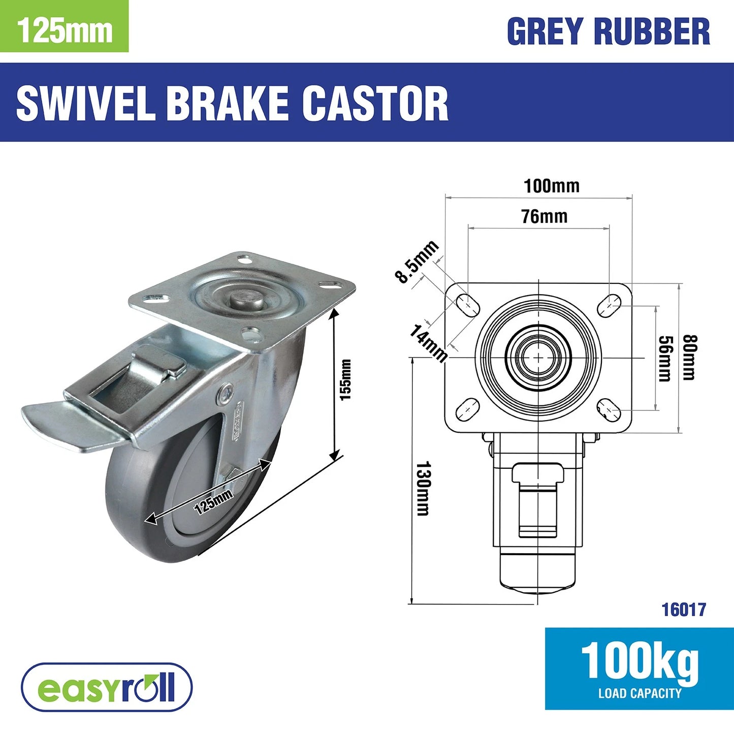 Easyroll 125mm Grey Rubber Swivel Brake Castor 100kg Heavy Duty Indoor Use