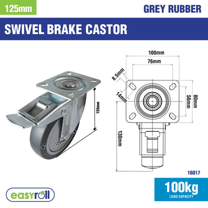 Easyroll 125mm Grey Rubber Swivel Brake Castor 100kg Heavy Duty Indoor Use
