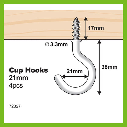 Everhang 21mm White PVC Cup Hooks 4 Pack - Secure, Easy Install, Indoor/Outdoor Use