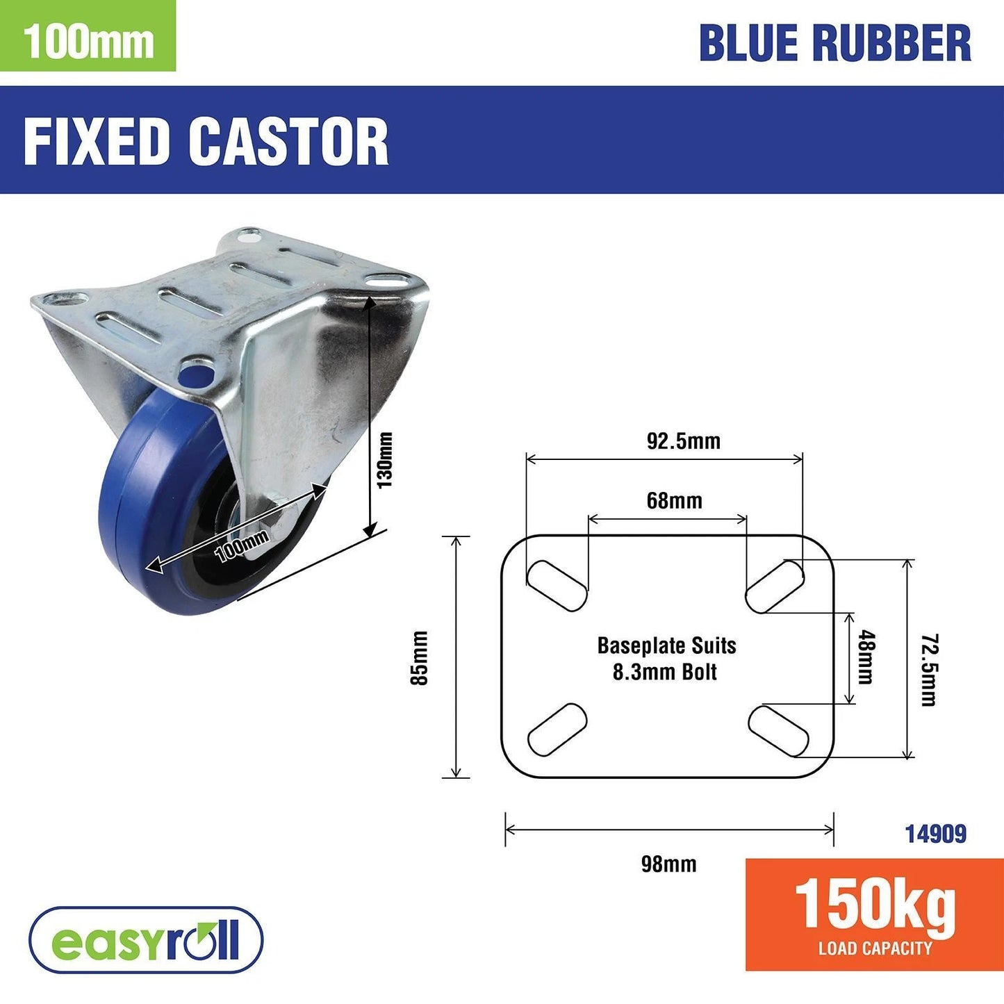 Easyroll 100mm Blue Rubber Fixed Castor, 150kg Load, Swivel, Indoor/Outdoor Use