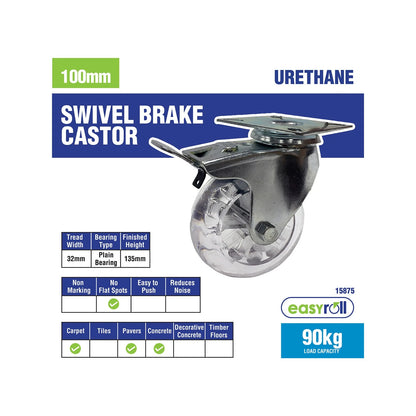 Easyroll 100mm Transparent Swivel Castor with Brake, 90kg Load, Polyurethane Wheel