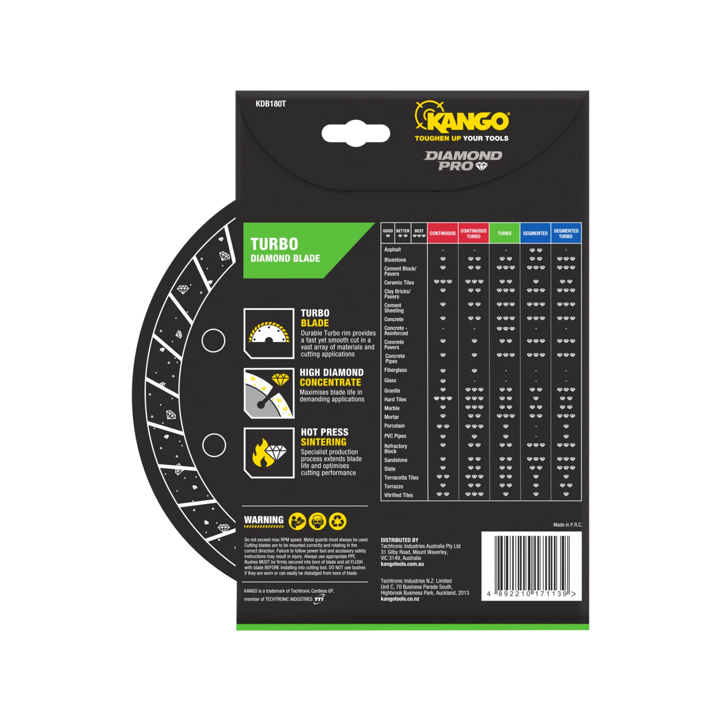 Kango 180mm Turbo Diamond Saw Blade - Fast, Precise Cuts for Concrete, Brick, Stone