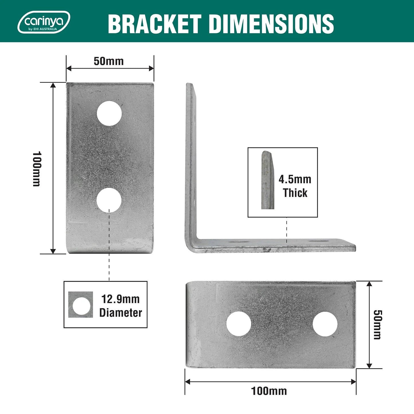 Carinya Zinc Plated Reinforcing Angle Bracket 100x100x50x4.5mm Durable Indoor/Outdoor Use