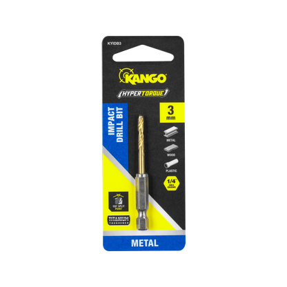Kango Hypertorque™ 3mm Impact HSS Drill Bit, Titanium Coating, 135° Tip, Hex Shank