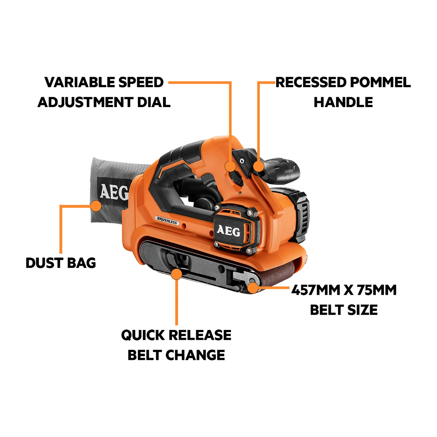 AEG 18V Brushless 75mm Belt Sander, Quick-Release, Variable Speed, Lock-On Switch