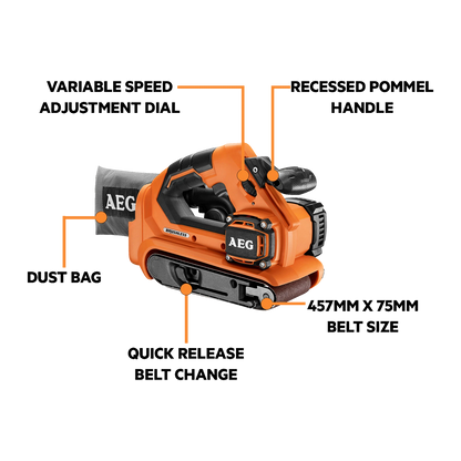 AEG 18V Brushless 75mm Belt Sander, Quick-Release, Variable Speed, Lock-On Switch
