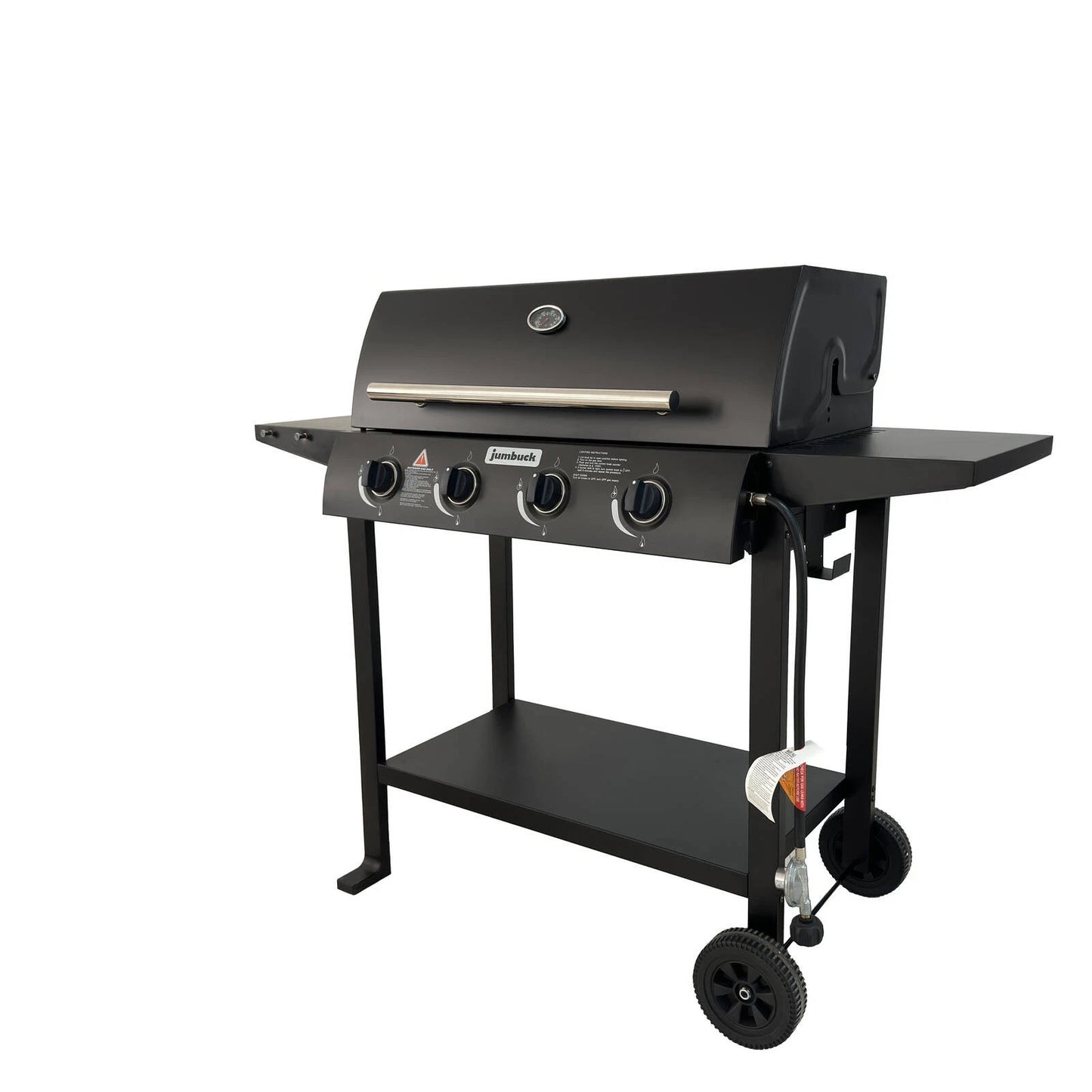 Jumbuck 4 Burner Hooded Gas BBQ, Cast Iron Grill, Auto Ignition, Portable, Black