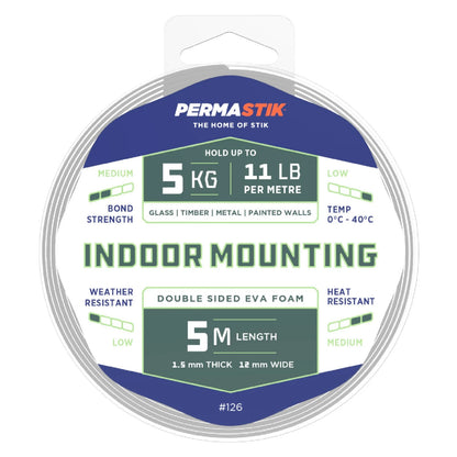 Permastik Indoor Mounting Tape 12mm x 5m - Strong Adhesion, No Drilling, Foam, White