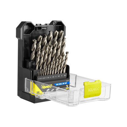 Kango 25 Piece HSS Drill Bit Set, Four-Cut Design, 135° Split Point, Tapered Core